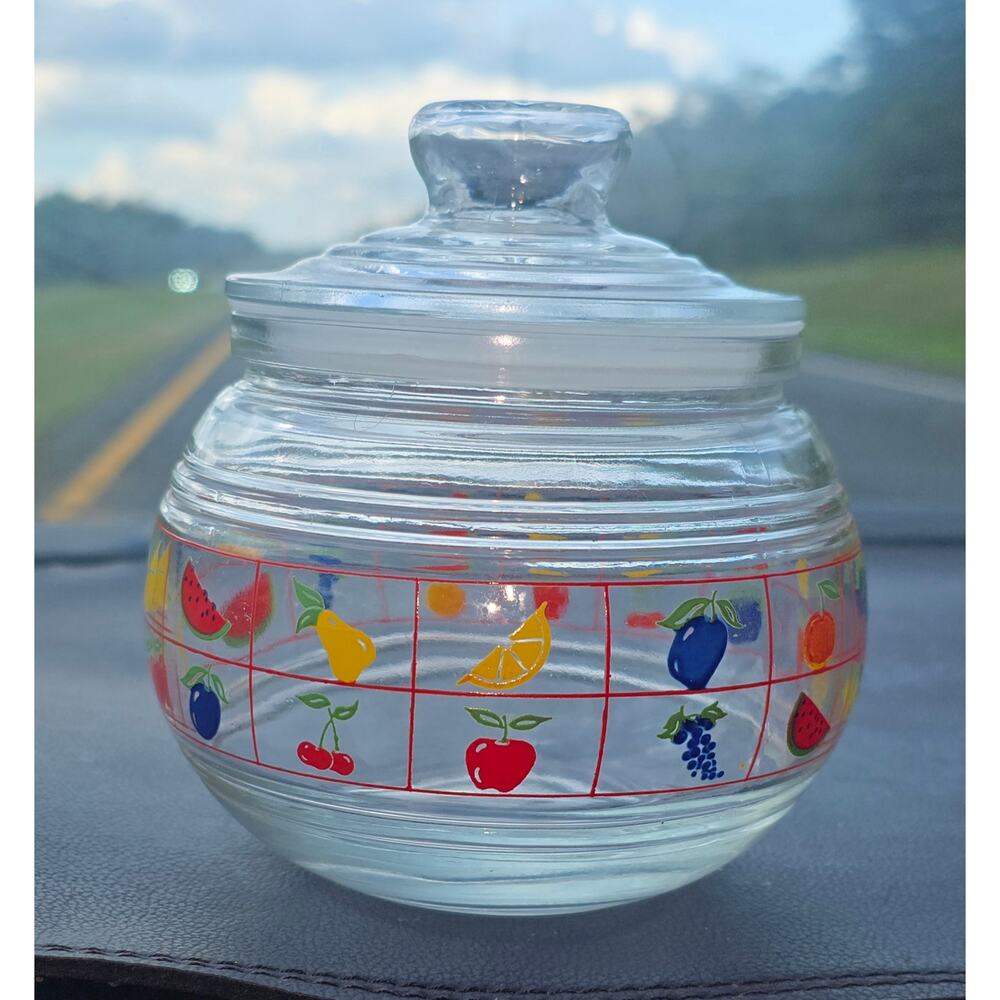 KIG Indonesia Glass Jar With Lid, Colorful Fruit Design 5”